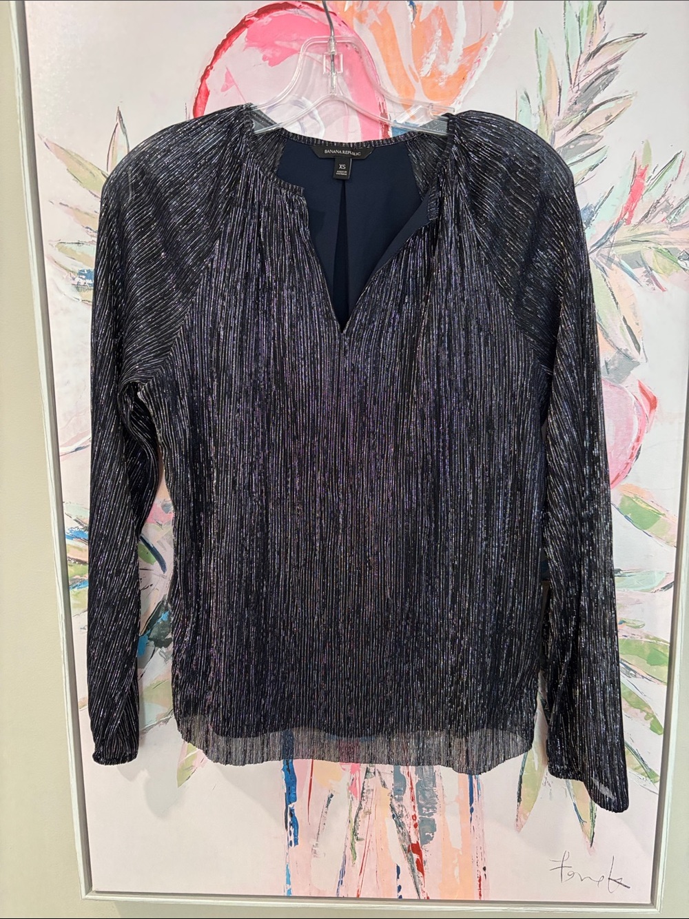 Banana Republic Metallic Navy Long-Sleeve V-Neck Blouse